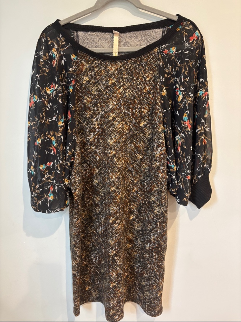 Uncle Frank Mixed Media Shift Dress Bird Print Sheer Balloon Sleeve Tweed Knit M